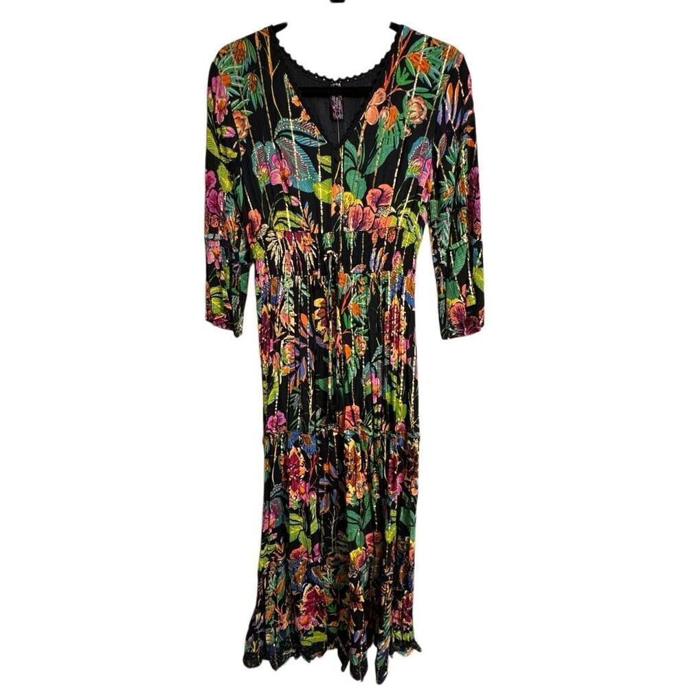 ME 2 MAGIC Anthropologie Black Floral Tropical Colorful Maxi Dress L NWT